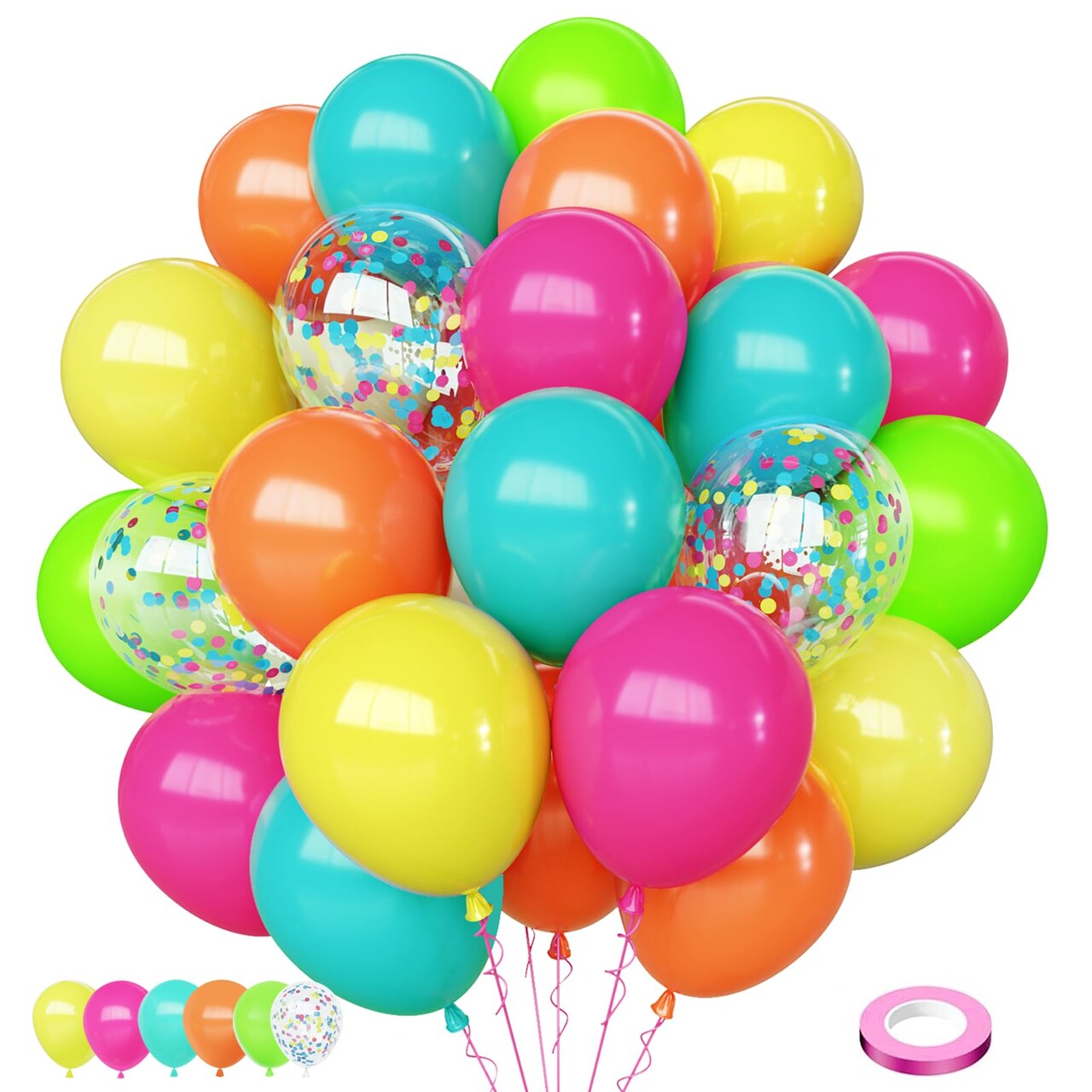 Tropical Hawaiian Balloons Set, 65Pcs 12In Summer Party Balloons with Hot Pink Green Orange Yellow Teal Blue for Hawaiian Summer Birthday Party Decorations